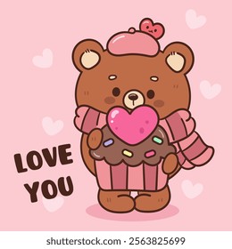 Teddy bear card valentine animals with sweet cupcake dessert (Cute cartoon). Series: kawaii sticker whimsical characters. Perfect for romantic wedding vector Flat clipart banner t shirt design.