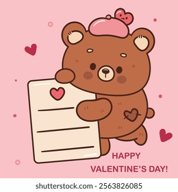 Teddy bear card valentine animals with love note (Cute cartoon). Series: kawaii sticker whimsical characters. Perfect for romantic wedding vector Flat clipart banner t shirt design and background.