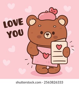 Teddy bear card valentine animals with love letter and sweet note (Cute cartoon). Series: kawaii sticker whimsical characters. Perfect for romantic wedding vector Flat clipart banner t shirt design.