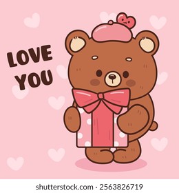 Teddy bear card valentine animals with gift (Cute cartoon). Series: kawaii sticker whimsical characters. Perfect for romantic wedding vector Flat clipart banner t shirt design and background.