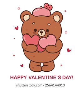 Teddy bear card valentine animals hug hearts (Cute cartoon). Series: kawaii sticker whimsical characters. Perfect for romantic wedding vector Flat clipart banner t shirt design and background.