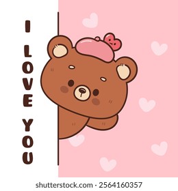 Teddy bear card valentine animals with hearts greeting (Cute cartoon). Series: kawaii sticker whimsical characters. Perfect for romantic wedding vector Flat clipart banner t shirt design.