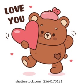 Teddy bear card valentine animals hug pink heart (Cute cartoon). Series: kawaii sticker whimsical characters. Perfect for romantic wedding vector Flat clipart banner t shirt design and background.