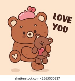 Teddy bear card valentine animals hug bear doll (Cute cartoon). Series: kawaii sticker whimsical characters. Perfect for romantic wedding vector Flat clipart banner t shirt design and background.