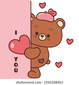 Teddy bear card valentine animals holding heart with love you letter (Cute cartoon). Series: kawaii sticker whimsical characters. Perfect for romantic wedding vector Flat clipart banner t shirt design