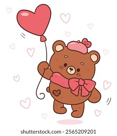 Teddy bear card valentine animals holding heart balloon (Cute cartoon). Series: kawaii sticker whimsical characters. Perfect for romantic wedding vector Flat clipart banner t shirt design.