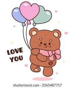 Teddy bear card valentine animals holding heart balloons (Cute cartoon). Series: kawaii sticker whimsical characters. Perfect for romantic wedding vector Flat clipart banner t shirt design.