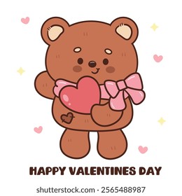 Teddy bear card valentine animals holding mini heart (Cute cartoon). Series: kawaii sticker whimsical characters. Perfect for romantic wedding vector Flat clipart banner t shirt design and background.