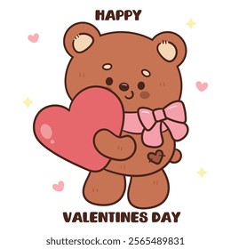 Teddy bear card valentine animals hug pink giant heart (Cute cartoon). Series: kawaii sticker whimsical characters. Perfect for romantic wedding vector Flat clipart banner t shirt design.