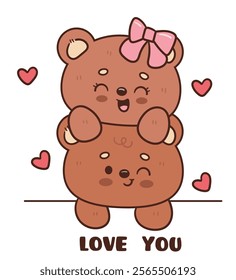 Teddy bear card valentine animals with heart play together (Cute cartoon). Series: kawaii sticker whimsical characters. Perfect for romantic wedding vector Flat clipart banner t shirt design.