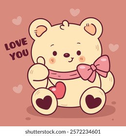 Teddy bear card valentine animals holding heart (Cute cartoon). Series: kawaii sticker whimsical characters. Perfect for romantic wedding vector Flat clipart banner t shirt design and background.