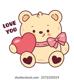 Teddy bear card valentine animals holding heart (Cute cartoon). Series: kawaii sticker whimsical characters. Perfect for romantic wedding vector Flat clipart banner t shirt design and background.