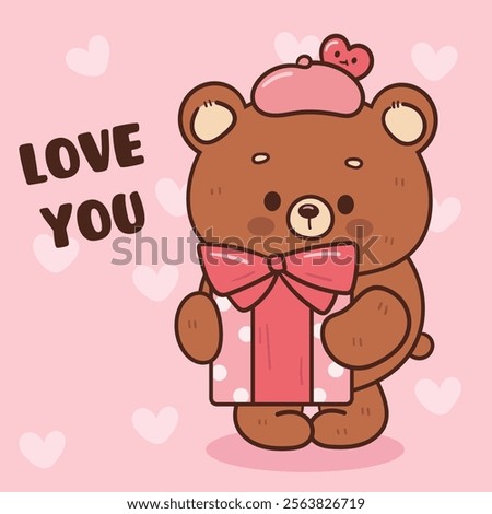 Teddy bear card valentine animals with gift (Cute cartoon). Series: kawaii sticker whimsical characters. Perfect for romantic wedding vector Flat clipart banner t shirt design and background.