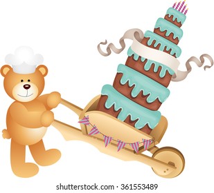 Teddy bear carrying birthday cake
