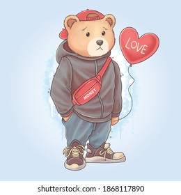 teddy bear teddy carrying love heart balloon wearing sweater and sweatpants in a cool bag, vector editable layers