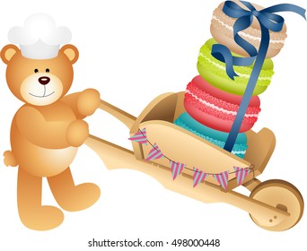 Teddy bear carrying macaroons
