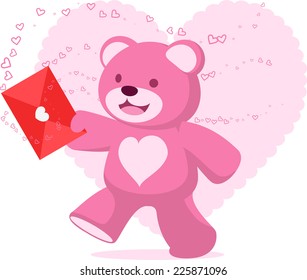 Teddy bear carrying a red letter with hearts