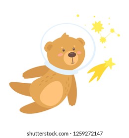 Teddy bear cartoon in astronaut helmet exploring stars. Cute design print for any purposes: t-shirt print or poster. Isolated on white background.