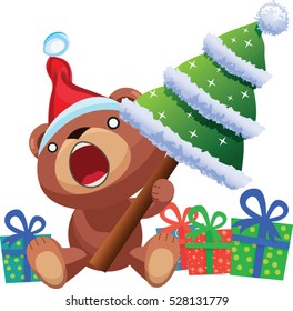 Teddy bear cartoon character beside a christmas tree full of presents playing and having fun in this festive holiday themed vector illustration