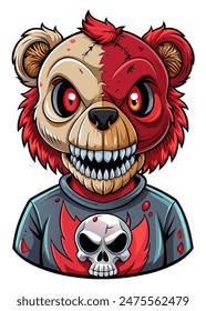 A teddy bear cartoon character wearing a Tshirt with a skull design