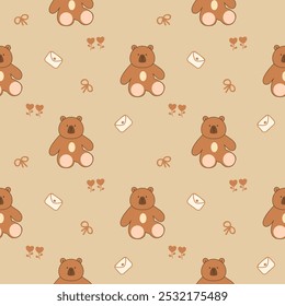 Teddy bear cartoon so cute. On flower  knot envelope brown background. Pattern seamless vector illustration. 