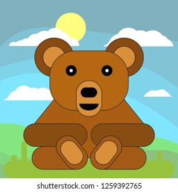 Teddy bear in cartoon flat style on the background of meadows, sun and clouds. Vector illustration on white background.