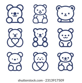 Colección de iconos de la línea de dibujos animados de Teddy Bear