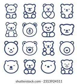 Colección de iconos de la línea de dibujos animados de Teddy Bear