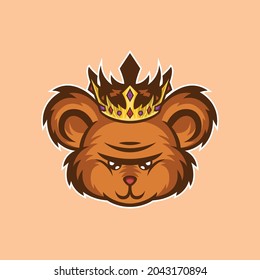 Teddy bear cartoon mascot wearing crown, this cute and catchy image is suitable for esports team logos or for youth communities such as skateboard, also suitable for t-shirt designs or merchandis