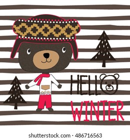 teddy bear cartoon on striped background, Merry Christmas card with teddy bear, hello winter, T-shirt graphics for kids vector illustration