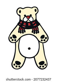Teddy bear cartoon outline vector drawing illustration with red scarf and paws footprints.Merry Christmas.Happy New Year.Winter decor.T shirt print.Vinyl Wall Sticker Decal.Plotter laser cutting. DIY 