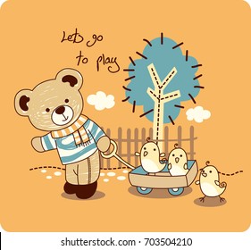 A teddy bear cartoon pulling some chicken