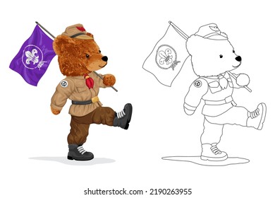 Teddy bear cartoon in scout uniform carrying flag with scout world symbol. Coloring book or page