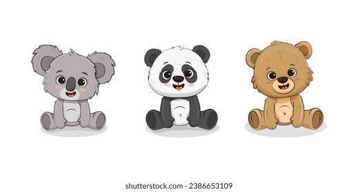 teddy bear cartoon set. Cute koala, panda cub, brown bear sitting. Animals isolated on white backgrtound. Vector illustration