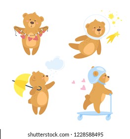 Teddy bear cartoon set. Different activities and poses. Cute design print for any purposes. Isolated on white background.
