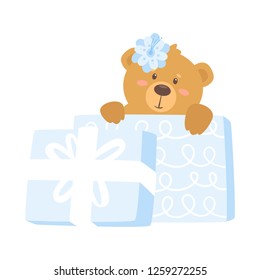 Teddy bear cartoon sitting in gift box. Cute design print for any purposes: t-shirt print or poster. Isolated on white background.
