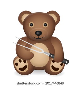 Teddy bear with carving fork on a white background. Vector illustration.