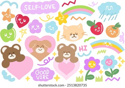 Teddy bear, cat, puppy, flower, star, heart, apple, orange, rainbow for cartoon character, card print, animal lover, zoo, souvenir shop, cute patch, print, standee, toy, doll, pet shop, fruit, sticker