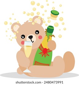 Teddy bear celebrating holding bottle of sparkling wine
