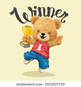 Oso de peluche celebrando con trofeo y texto "ganador", Ilustración vectorial