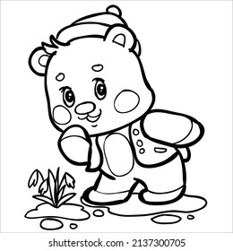 teddy bear character in clothes   black outline for interest looks at flower that grows near his feet  vector illustration  isolated object white background