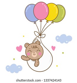 Teddy bear character (Cute animal cartoon) with patterned balloons and clouds, hand drawn isolated on a white background- Perfect for kid's greeting card design and Print for t-shirt (Illustration).