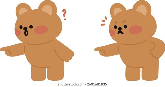 A teddy bear character pointing with a finger 