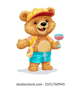 Teddy bear character in shirt with tropical flower pattern holding cocktail. Hand drawn vector illustration