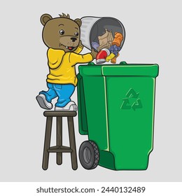 El personaje de oso de peluche es voluntario para ayudar a reciclar y limpiar el medio ambiente. Ilustración aislada del vector.