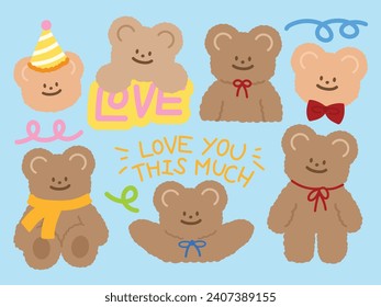 Teddy bear characters for cute animal sticker, decoration, brand logo, pet icon, vet, cartoon, comic, mascot, fabric print, ads, banner, frame, winter