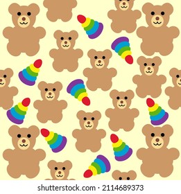 Teddy bear with a children's toy on a light beige background