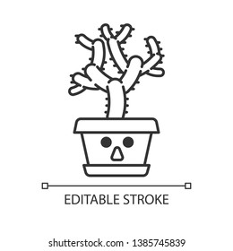 Teddy bear cholla cute kawaii linear character. Cactus with astonished face. Cylindropuntia. Home cacti in pot. Tropical plant. Thin line icon. Vector isolated outline illustration. Editable stroke