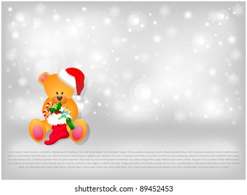 Teddy bear with christmas boot new year background against