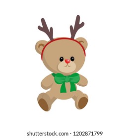 Teddy bear Christmas cute character, baby kids holiday print, headband with horns, logo for children event, party, gift card, icon, toy shop sale, greeting, game, flat design vector illustration.